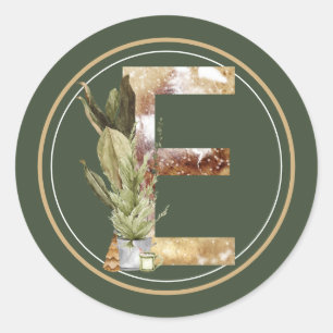 Boho Christmas Monogram E  with Tree Classic Round Sticker