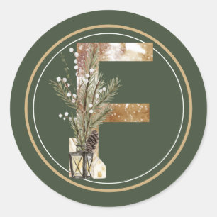 Boho Christmas Monogram F with Lantern and Twigs Classic Round Sticker