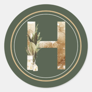 Boho Christmas Monogram H with Greens Classic Round Sticker