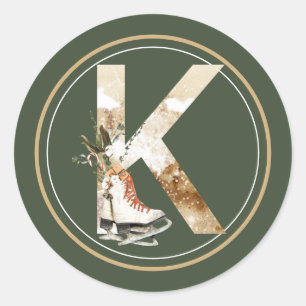 Boho Christmas Monogram K with Ice Skates Classic Round Sticker