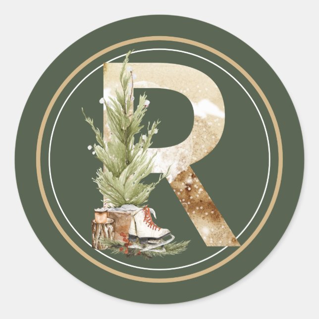 Boho Christmas Monogram R with Tree and Skates Classic Round Sticker (Front)