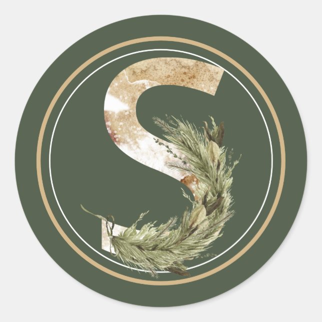 Boho Christmas Monogram S with Greenery Classic Round Sticker (Front)