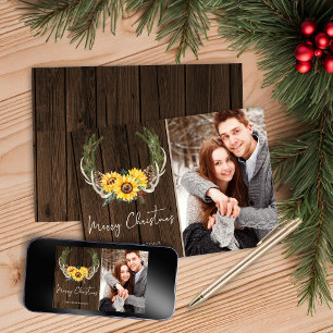 Boho Christmas Sunflower Wreath Holiday Photo Card