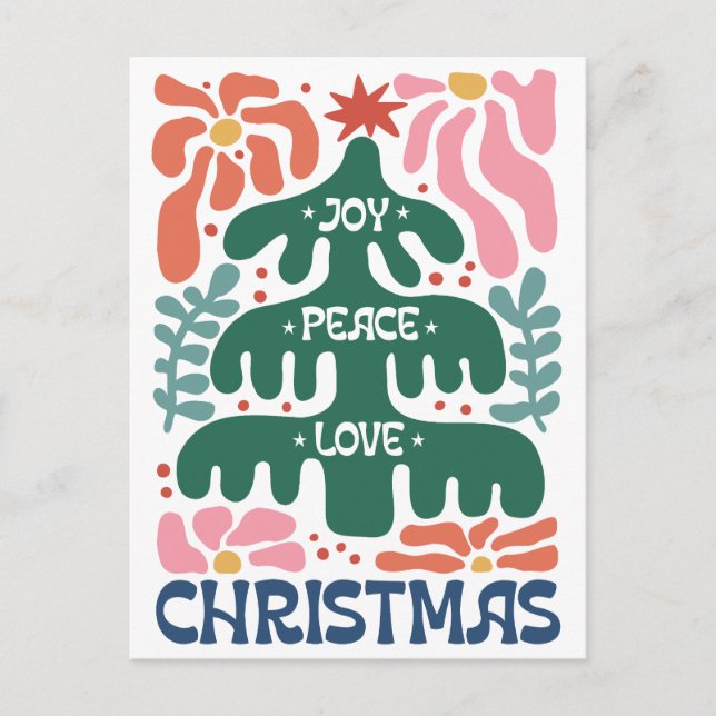 Boho Christmas Tree Joy Peace Love Colourful Postcard (Front)