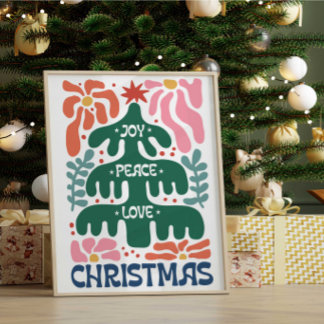 Boho Christmas Tree Joy Peace Love Colourful Poster
