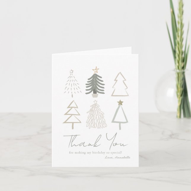 Boho Christmas Trees Green Birthday Thank You Card (Front)