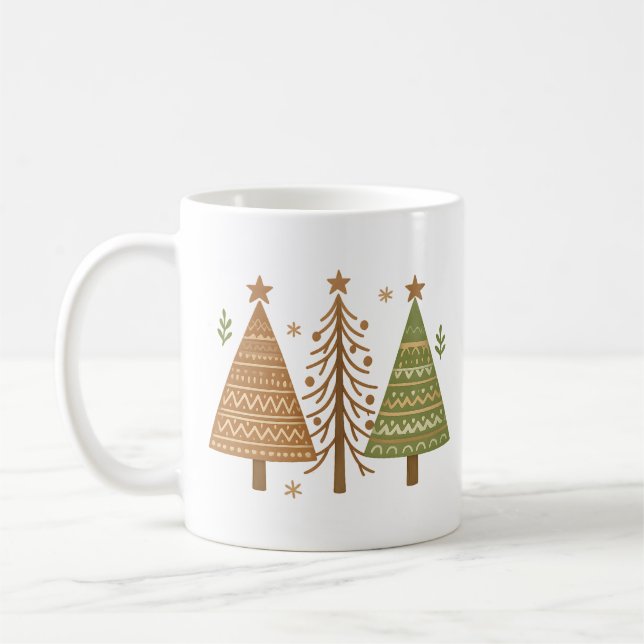 Boho Christmas Trees Neutral Holiday Style Coffee Mug (Left)