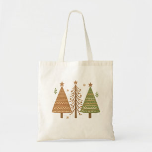 Boho Christmas Trees Neutral Holiday Style Tote Bag