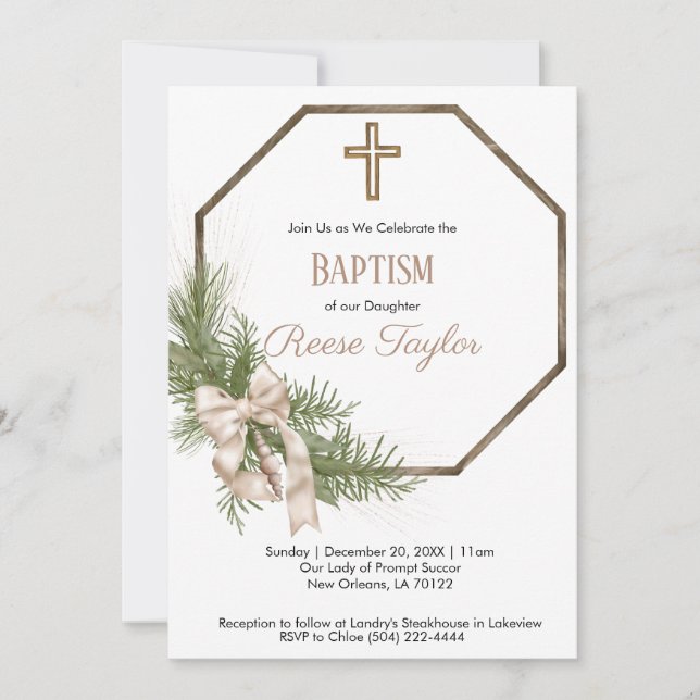 Boho Christmas Wooden Wreath Baptism Invitation (Front)