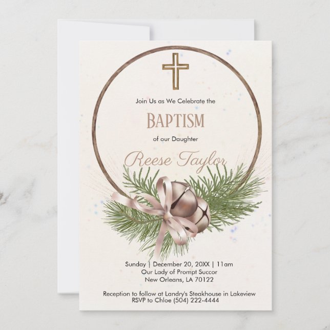 Boho Christmas Wooden Wreath Baptism Invitation (Front)