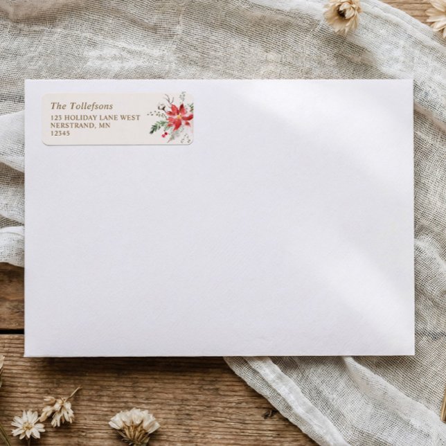 Boho Christmas Woodsy Elegant Return Address (Elegant Christmas card - holiday return address labels with watercolor poinsettia and greenery.)