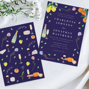 Boho Citrus & Wine Navy Blue Wedding Invitation