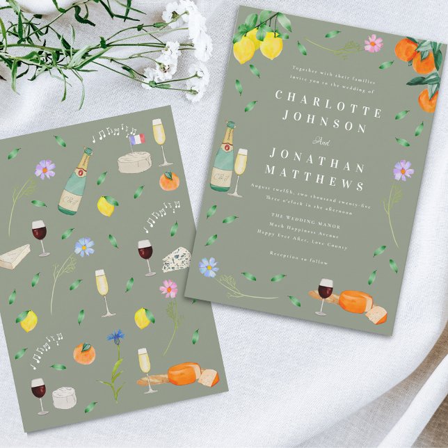 Boho Citrus & Wine Sage Green Wedding Invitation (Wildflower boho citrus floral wine and cheese sage green Wedding invitation )