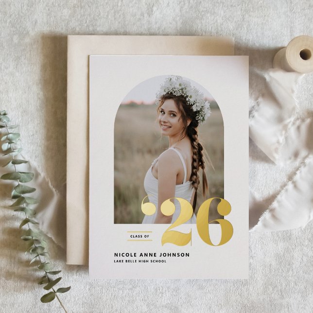 Boho Class of 2026 Arch Photo Graduation (Customizable gold foil photo graduation invitation featuring retro bold typography. )