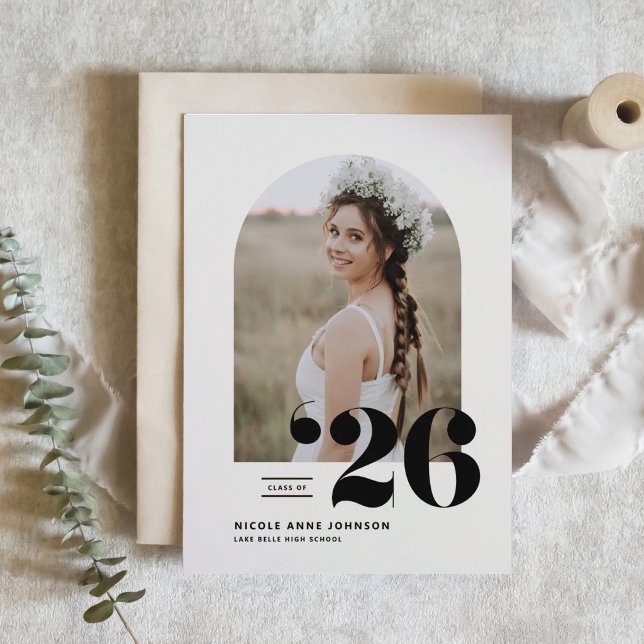 Boho Class of 2026 Arch Photo Graduation Announcement (Customizable boho photo graduation announcement featuring arch photo frame. )