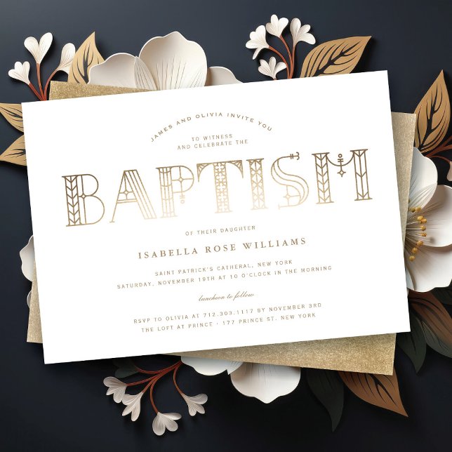Boho Classy Gold/White Typography Elegant Baptism Invitation (Boho Classy Gold/White Typography Elegant Baptism Religious Invitation @ fat_fa_tin)
