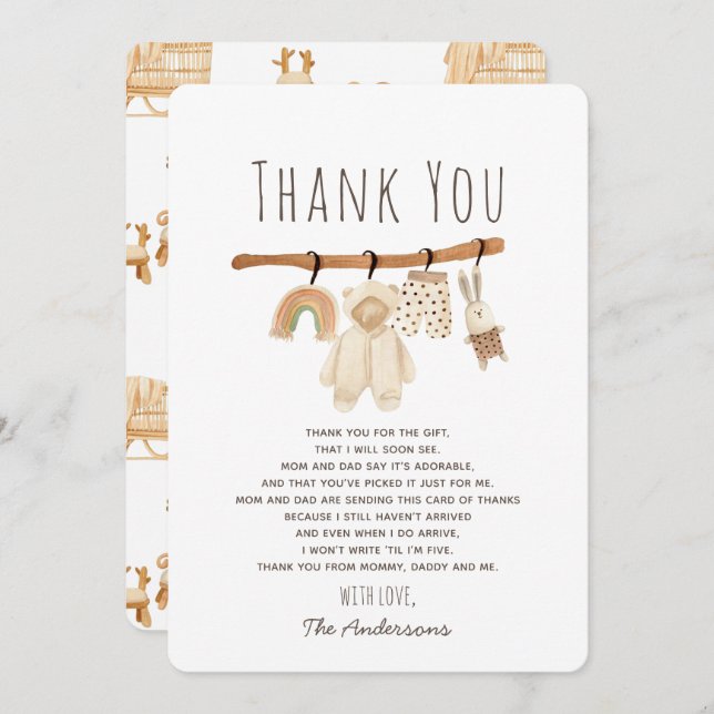Boho Clotheline Baby Shower Thank You Card (Front/Back)