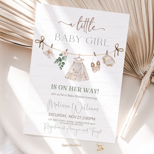 Boho Clothes Baby Shower  Invitation (boho baby shower invitation, sage green baby shower, baby girl shower invite, boho baby clothes them)