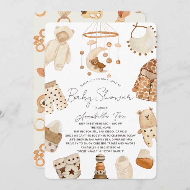 Boho Clothes Nursery Drive-by Baby Shower Invitati Invitation (Front/Back)