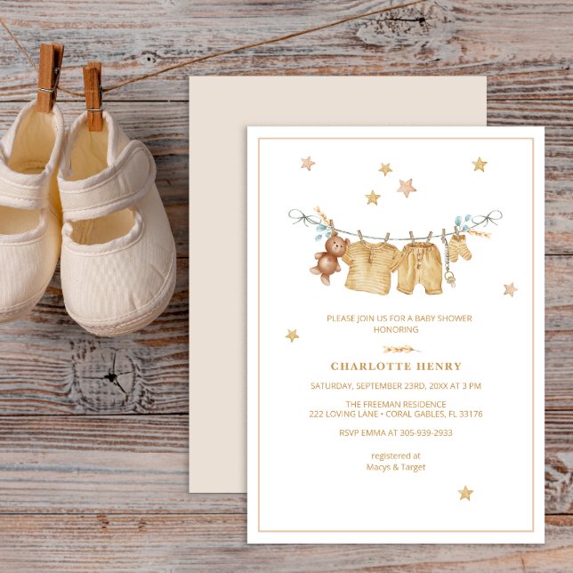 Boho Clothesline Baby Shower Invitation (Watercolor clothesline Baby Shower Invitation)