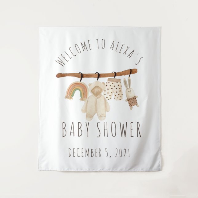 Boho Clothesline Baby Shower Welcome Sign Tapestry (Front)