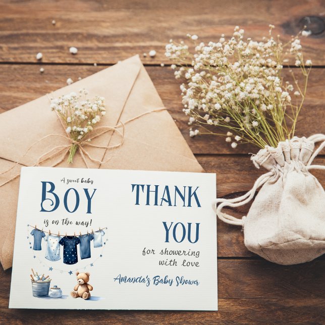 Boho Clothesline Blue Boy Baby Shower Thank You Card (Creator Uploaded)