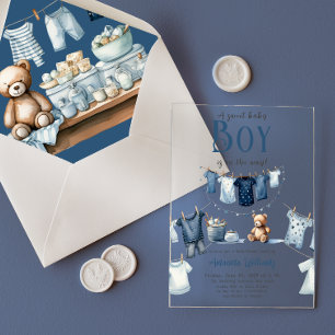 Boho Clothesline Blue Sweet Boy Baby Shower Acrylic Invitations