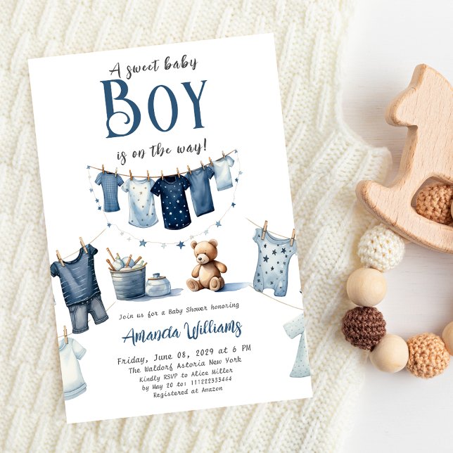 Boho Clothesline Blue Sweet Boy Baby Shower Invitation (Creator Uploaded)