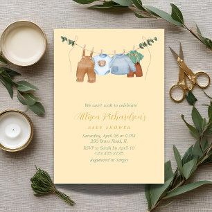 Boho clothesline boy pastel watercolor baby shower invitation
