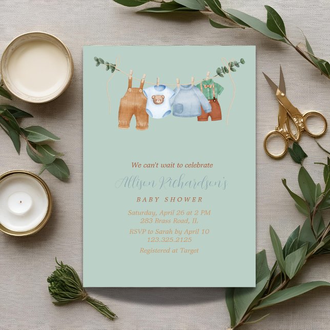 Boho clothesline boy pastel watercolor baby shower invitation (Creator Uploaded)