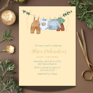 Boho clothesline boy pastel watercolor baby shower invitation