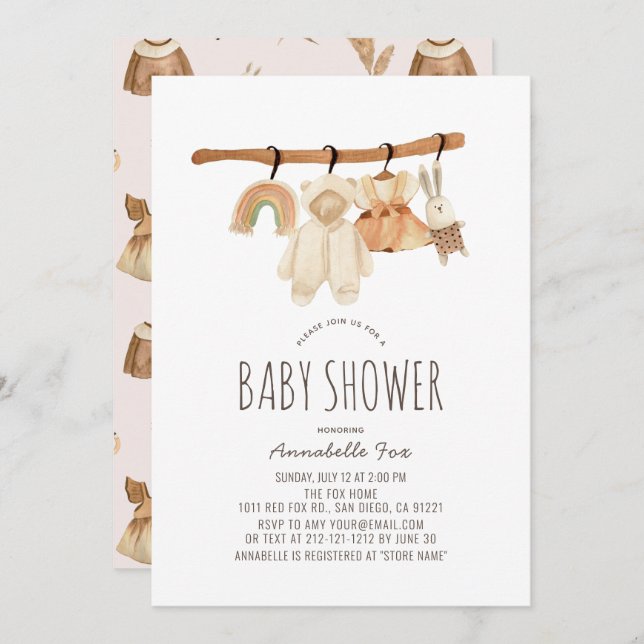 Boho Clothesline Girl Baby Shower Invitation (Front/Back)