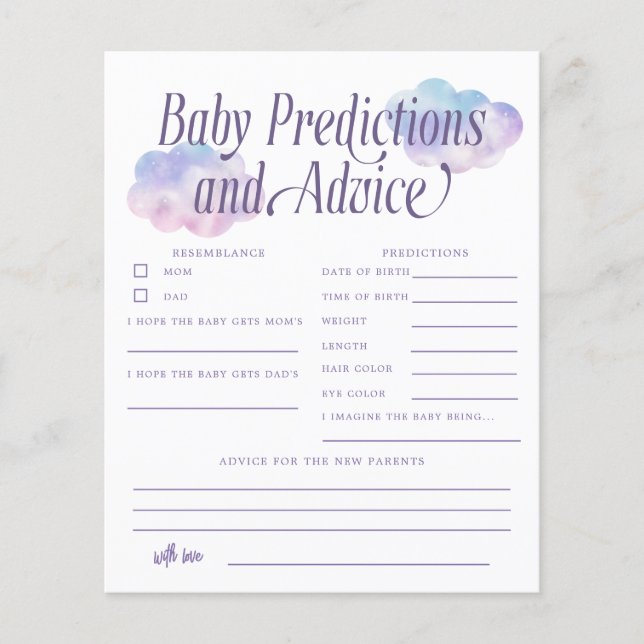 Boho Cloud Girl Baby Predictions & Advice Card (Front)