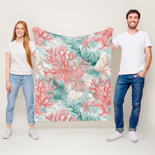 Boho Coastal Seashell Pattern Fleece Blanket (In Situ)