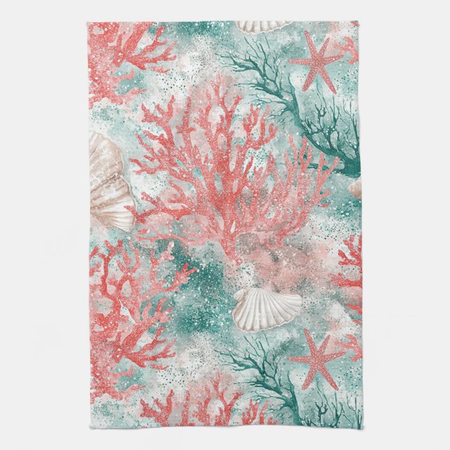 Boho Coastal Seashell Pattern Tea Towel (Vertical)