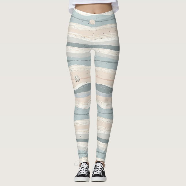 Boho Coastal Seashell Wave Pattern Leggings (Front)