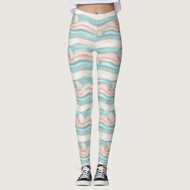 Boho Coastal Waves Seashells - Calm Beach Vibes Leggings (Front)