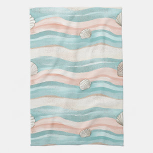 Boho Coastal Waves Seashells - Calm Beach Vibes Tea Towel