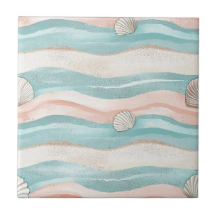 Boho Coastal Waves Seashells - Calm Beach Vibes Tile