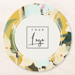 Boho Colorful Yellow Ochre Painted Floral Logo Round Paper Coaster