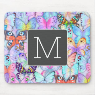 Boho colourful butterfly pattern Initial Blue Mouse Pad