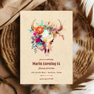 Boho Colourful Floral Cow Skull Birthday Party Invitation