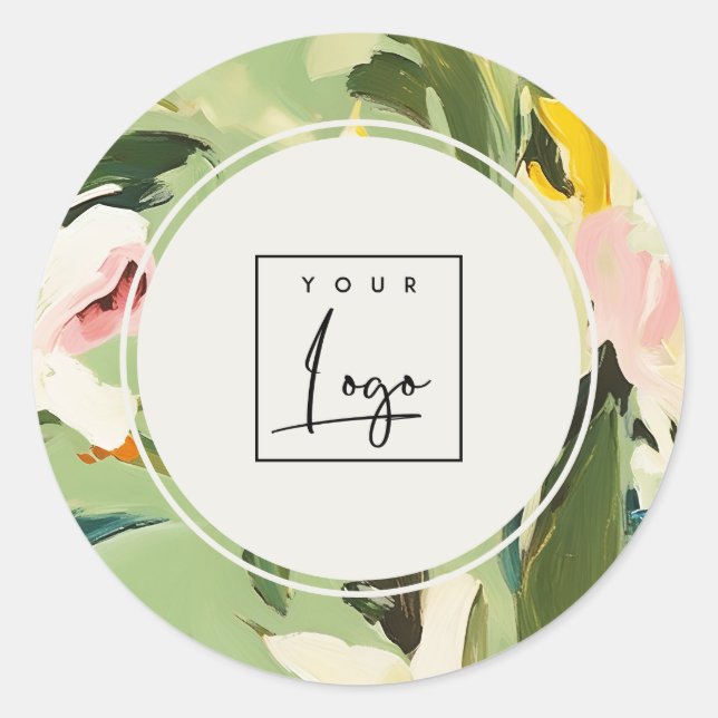 Boho Colourful Green Pink Painted Floral Logo Classic Round Sticker (Front)