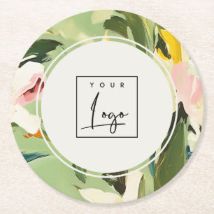 Boho Colourful Green Pink Painted Floral Logo Round Paper Coaster