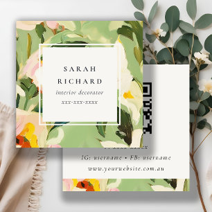 Boho Colourful Green Pink Painted Floral QR Code Square Business Card