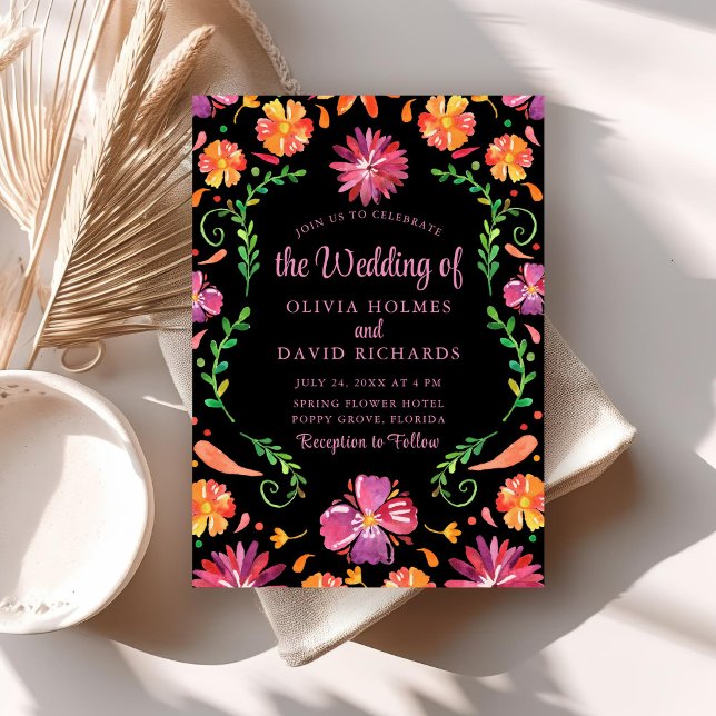 Boho Colourful Mexican Floral Fiesta Wedding Invit Invitation (Boho Colorful Mexican Floral Fiesta Wedding Invite on a neutral boho wedding table.)