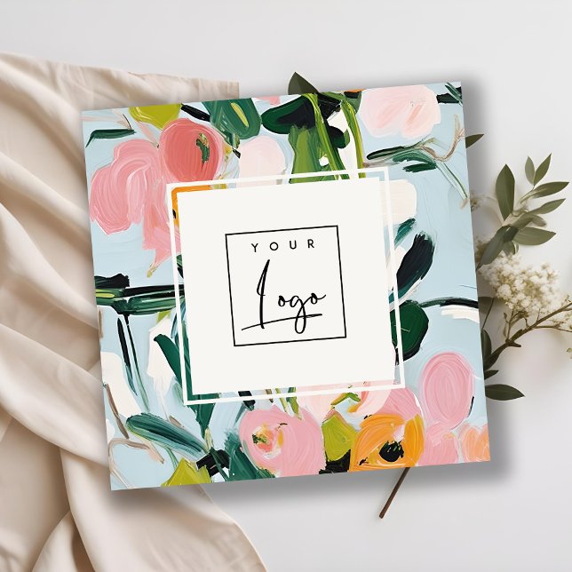 Boho Colourful Pink Blue Green Painted Floral Logo Square Business Card (Creator Uploaded)