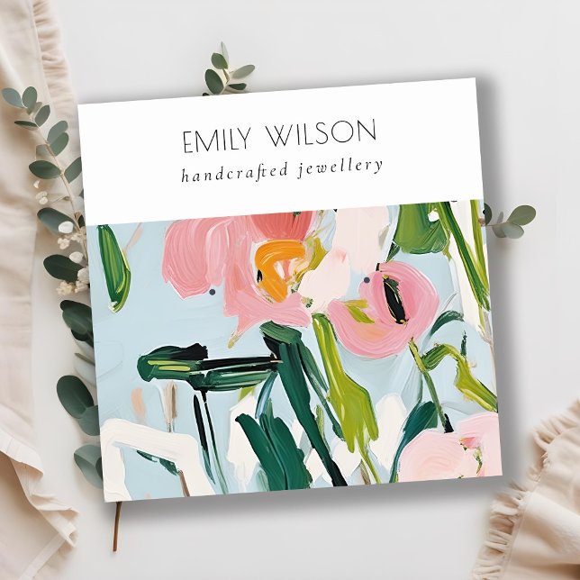 Boho Colourful Pink Blue Painted Floral Earring Square Business Card (Creator Uploaded)