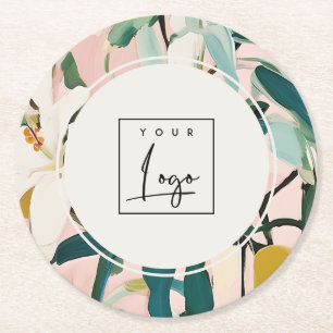 Boho Colourful Pink Teal Green Painted Floral Logo Round Paper Coaster
