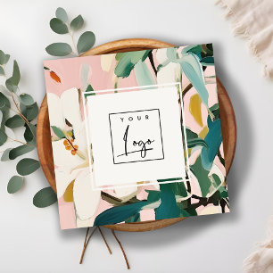 Boho Colourful Pink Teal Green Painted Floral Logo Square Business Card
